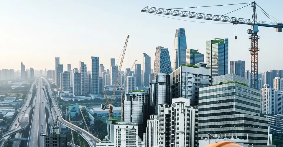 Tower cranes over a growing city skyline, with a highway running towards the horizon.