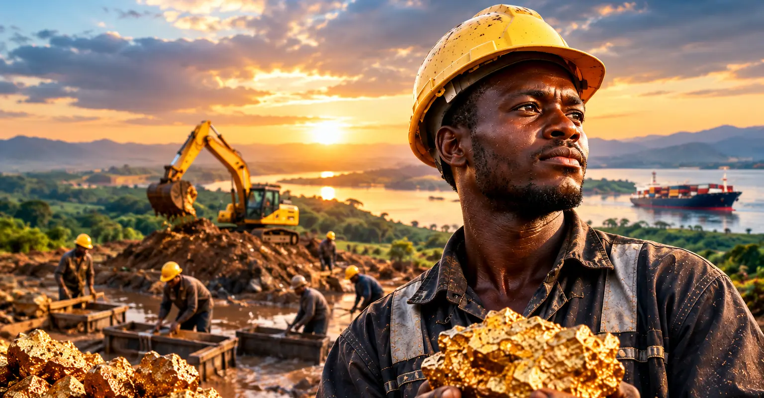 A miner in a hard hat holding a gold nugget at sunset, with an excavator and workers at a riverside site behind him.