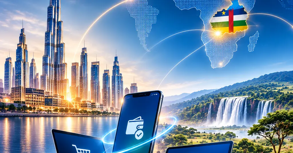 A phone, laptop and tablet showing payment and government icons, with arcs of light linking a city skyline to the Central African Republic on a map.