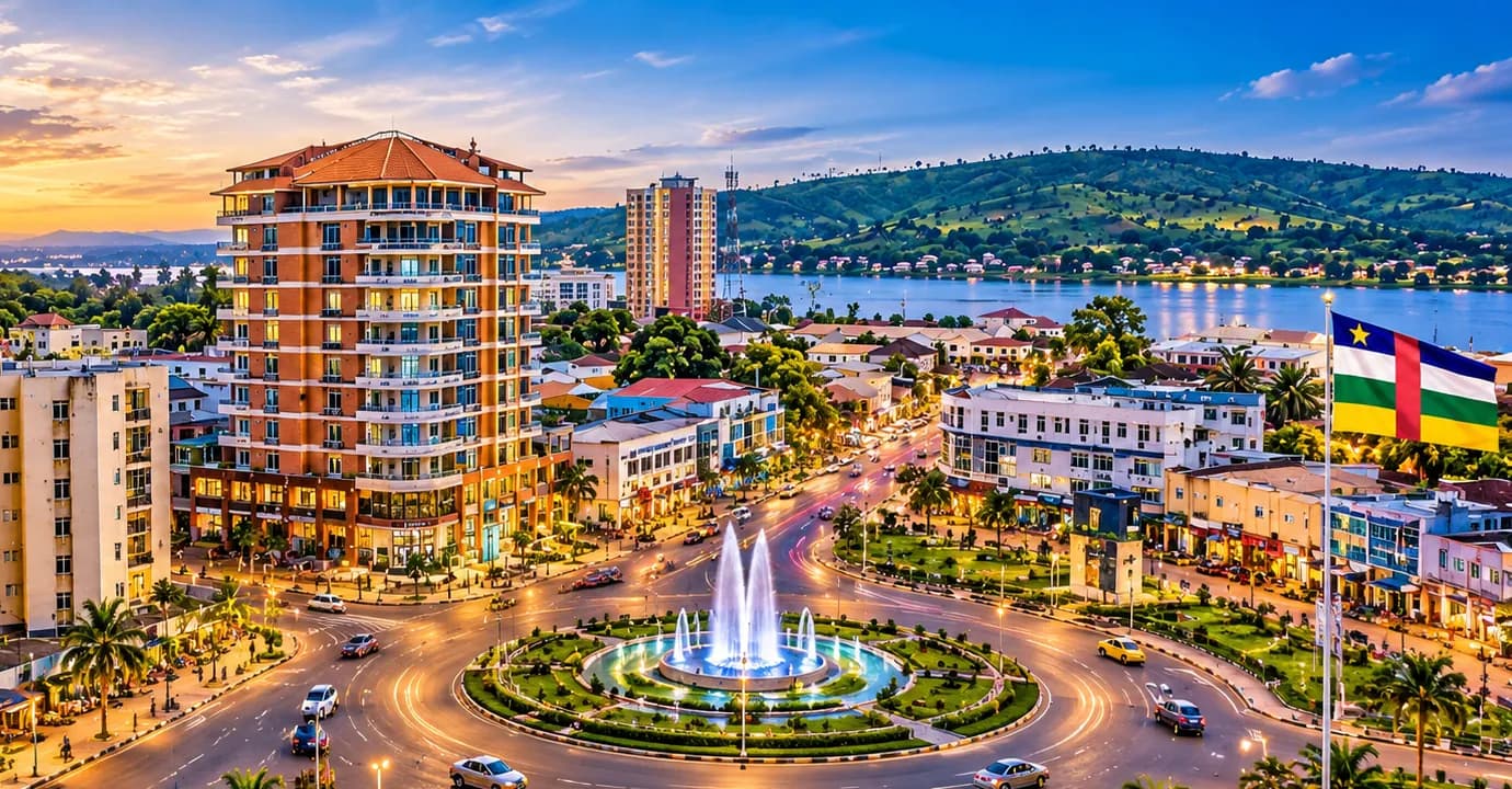 A Central African city at golden hour: a lit fountain on a roundabout, apartment towers, a river below green hills and the national flag.