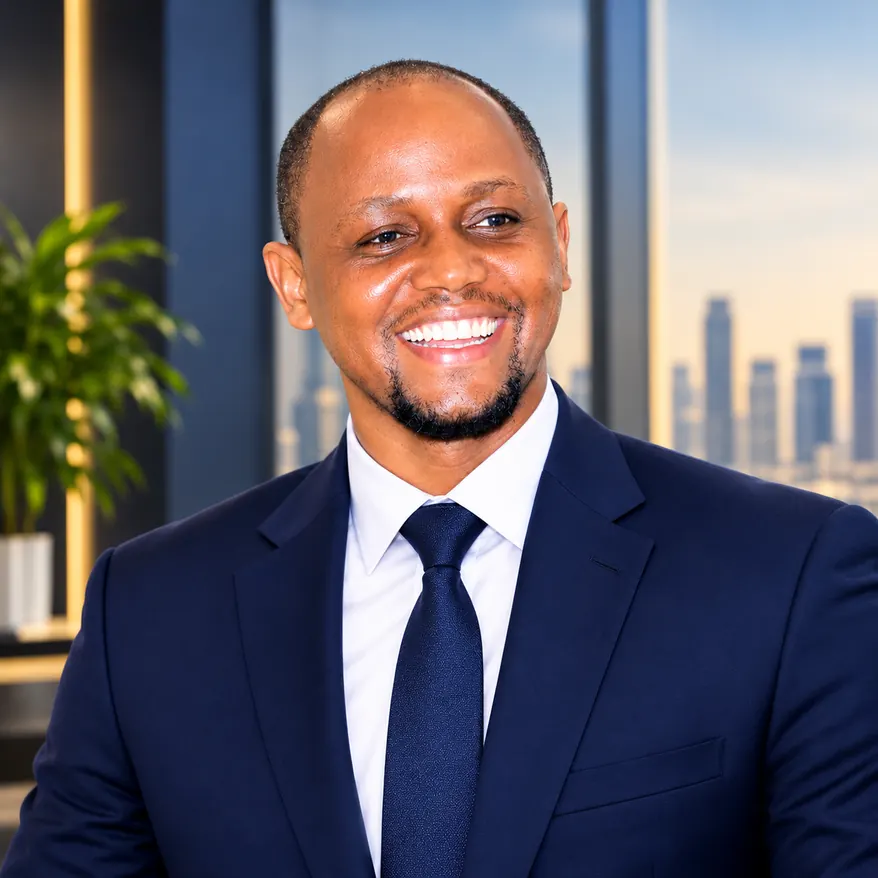 Portrait of the Chief Executive Officer of Afric Invest Group, smiling, in a navy suit.